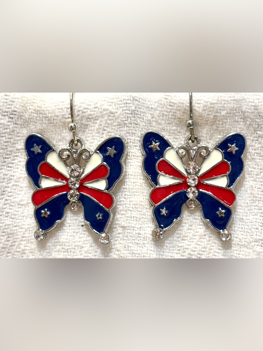 🇺🇸 NWOT Patriotic Enamel & Crystal Butterfly Drop Earrings 🇺🇸